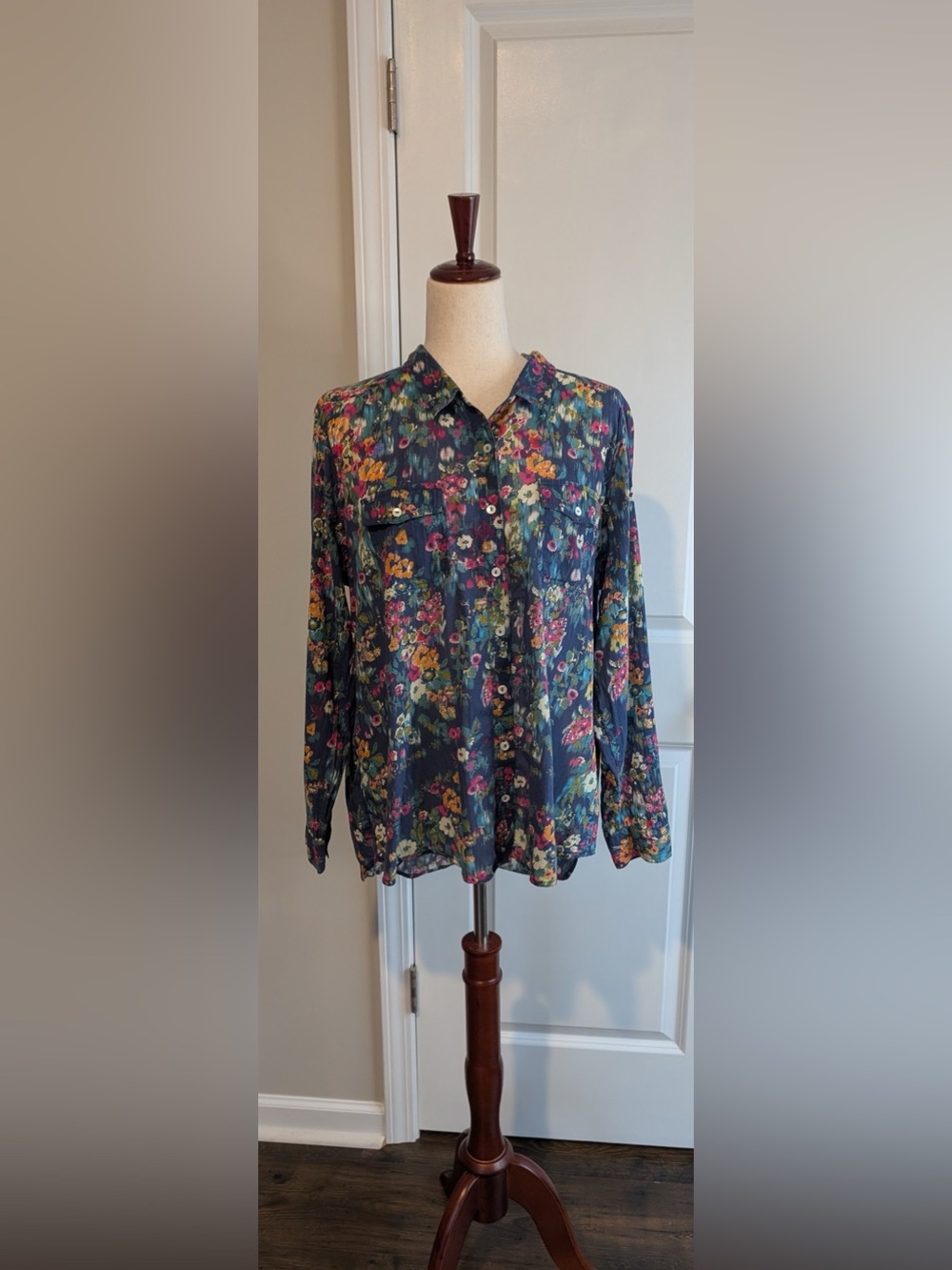 Sundance Floral Button Down Shirt 100% Cotton Watercolor Artsy Long Sleeve Sz XL